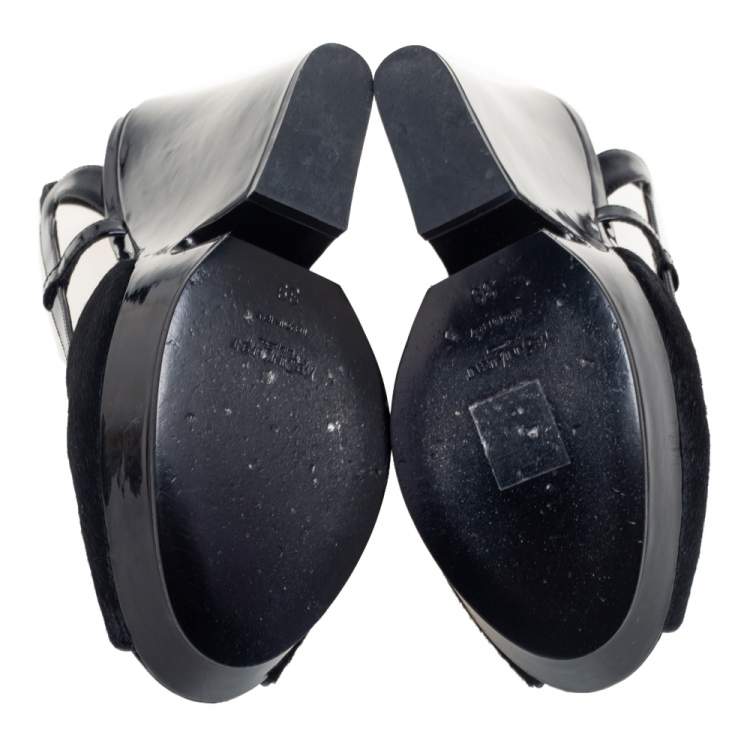 Pre Owned Yves Saint Laurent Black Patent Leather And Pony Hair Slingback Sandals Size 39