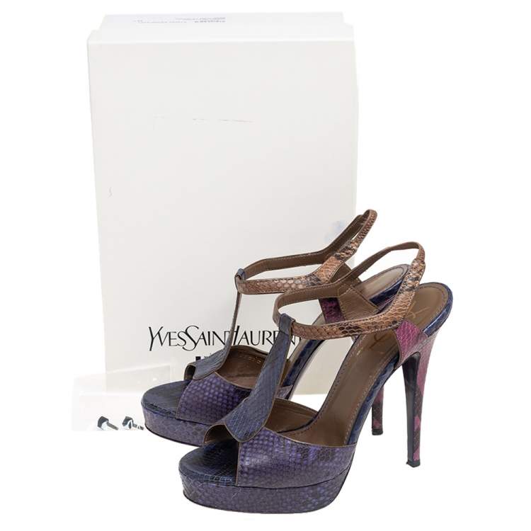 Pre Owned Yves Saint Laurent Tricolored Python Embossed Leather T-Strap Platform Sandals Size 39.5