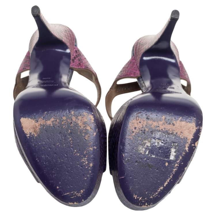 Pre Owned Yves Saint Laurent Tricolored Python Embossed Leather T-Strap Platform Sandals Size 39.5