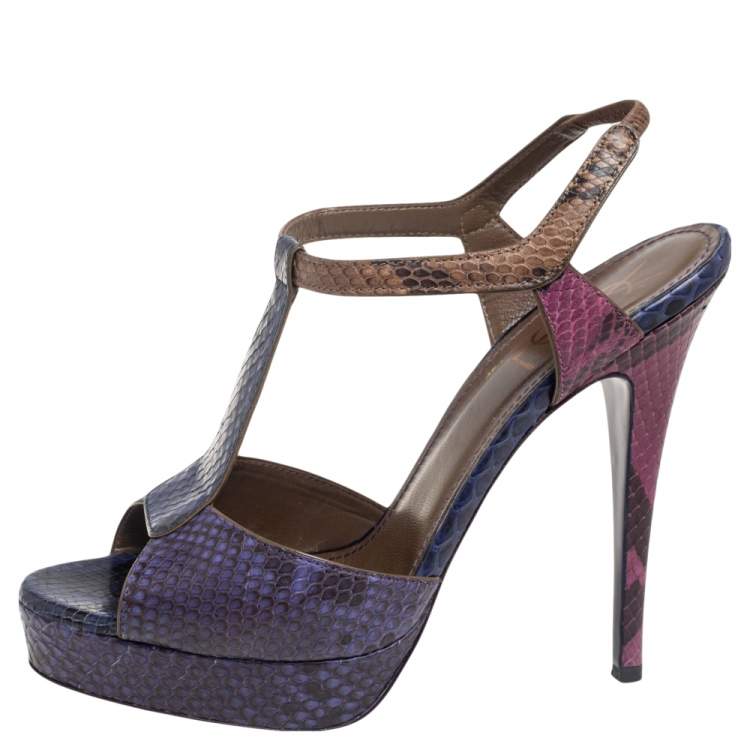 Pre Owned Yves Saint Laurent Tricolored Python Embossed Leather T-Strap Platform Sandals Size 39.5