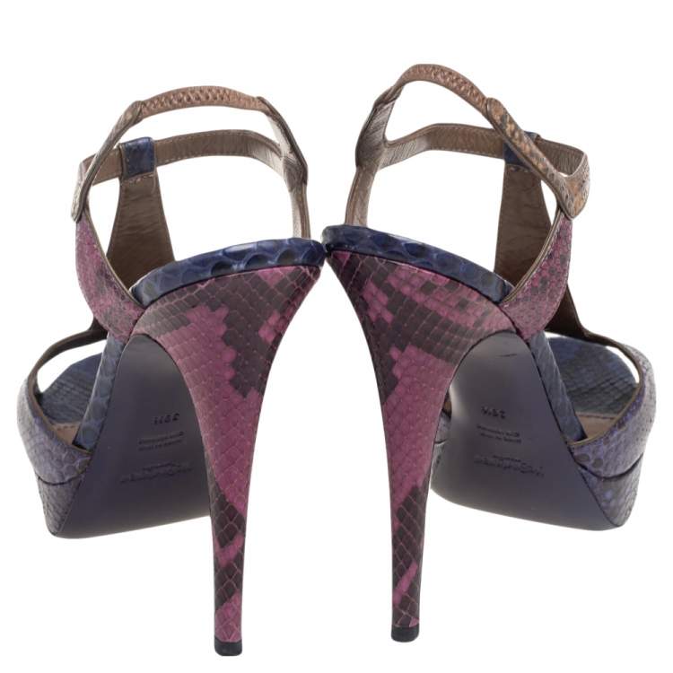Pre Owned Yves Saint Laurent Tricolored Python Embossed Leather T-Strap Platform Sandals Size 39.5