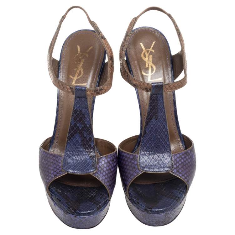 Pre Owned Yves Saint Laurent Tricolored Python Embossed Leather T-Strap Platform Sandals Size 39.5