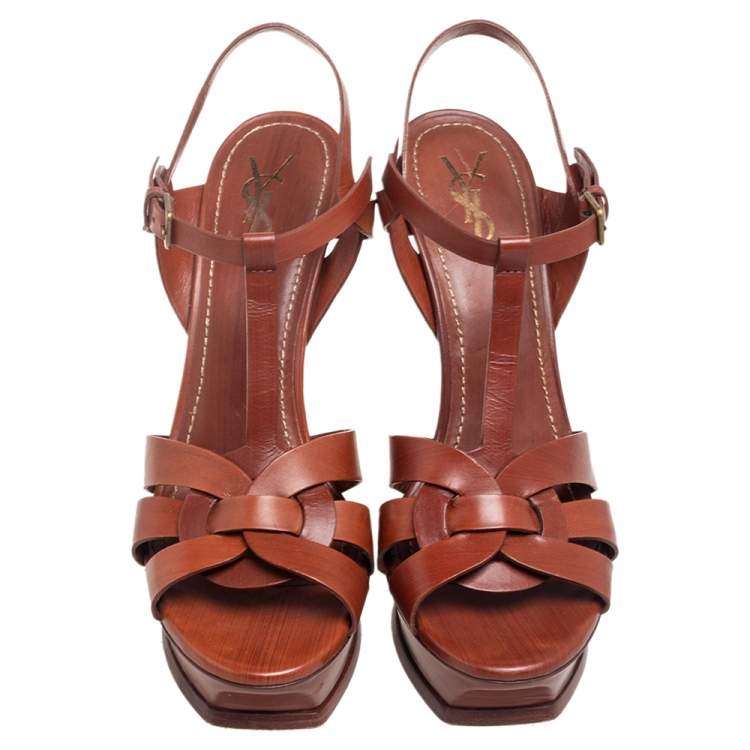 Pre Owned Yves Saint Laurent Brown Leather Tribute Platform Sandals Size 41