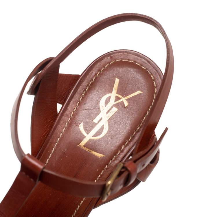 Pre Owned Yves Saint Laurent Brown Leather Tribute Platform Sandals Size 41