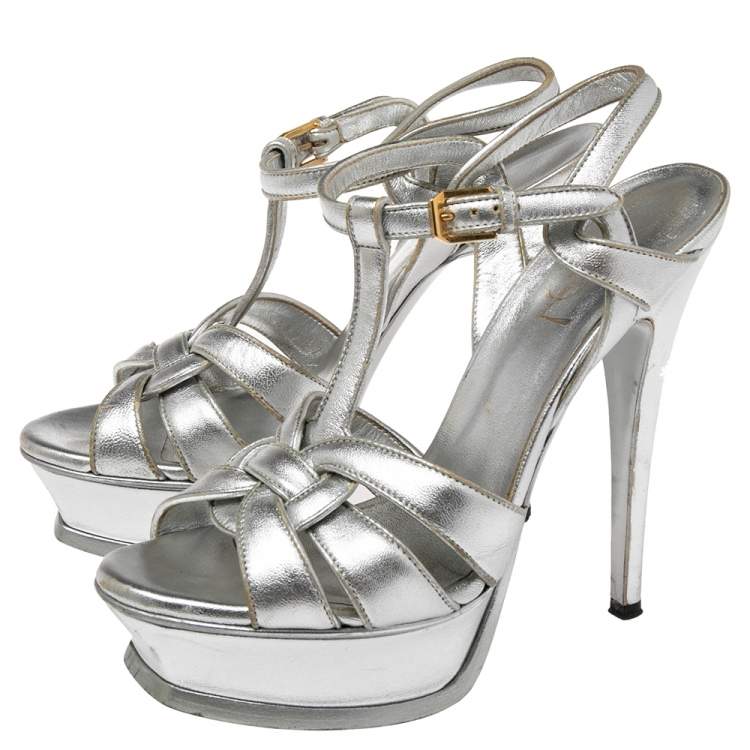 Pre Owned Yves Saint Laurent Silver Leather Tribute Platform Sandals Size 37