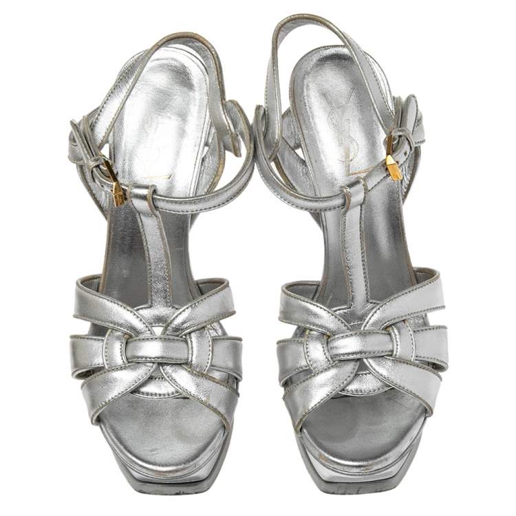Pre Owned Yves Saint Laurent Silver Leather Tribute Platform Sandals Size 37
