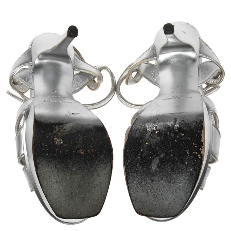 Pre Owned Yves Saint Laurent Silver Leather Tribute Platform Sandals Size 37