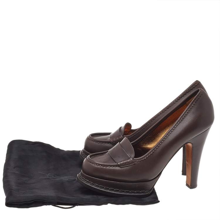 Pre Owned Yves Saint Laurent Brown Leather Tribtoo Penny Loafer Platform Pumps Size 39