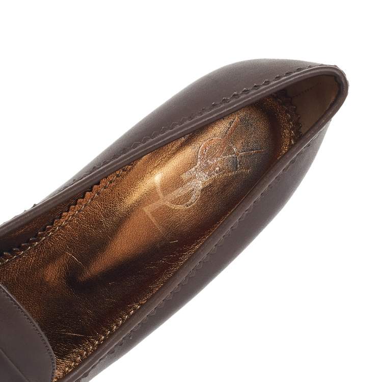 Pre Owned Yves Saint Laurent Brown Leather Tribtoo Penny Loafer Platform Pumps Size 39