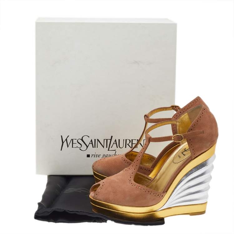 Pre Owned Yves Saint Laurent Beige Suede T-Strap Wedge Platform Sandals Size 37.5