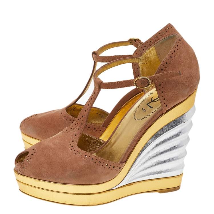Pre Owned Yves Saint Laurent Beige Suede T-Strap Wedge Platform Sandals Size 37.5