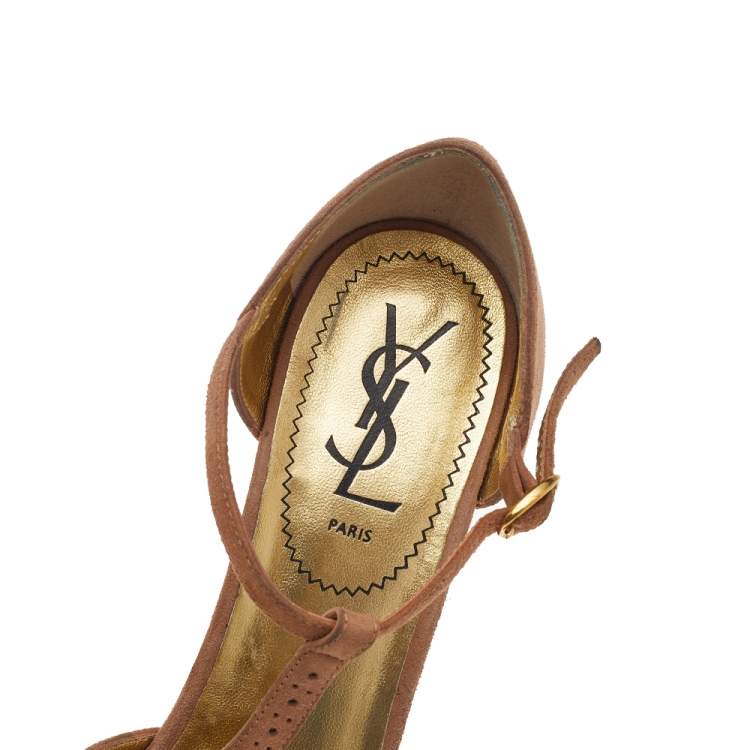 Pre Owned Yves Saint Laurent Beige Suede T-Strap Wedge Platform Sandals Size 37.5