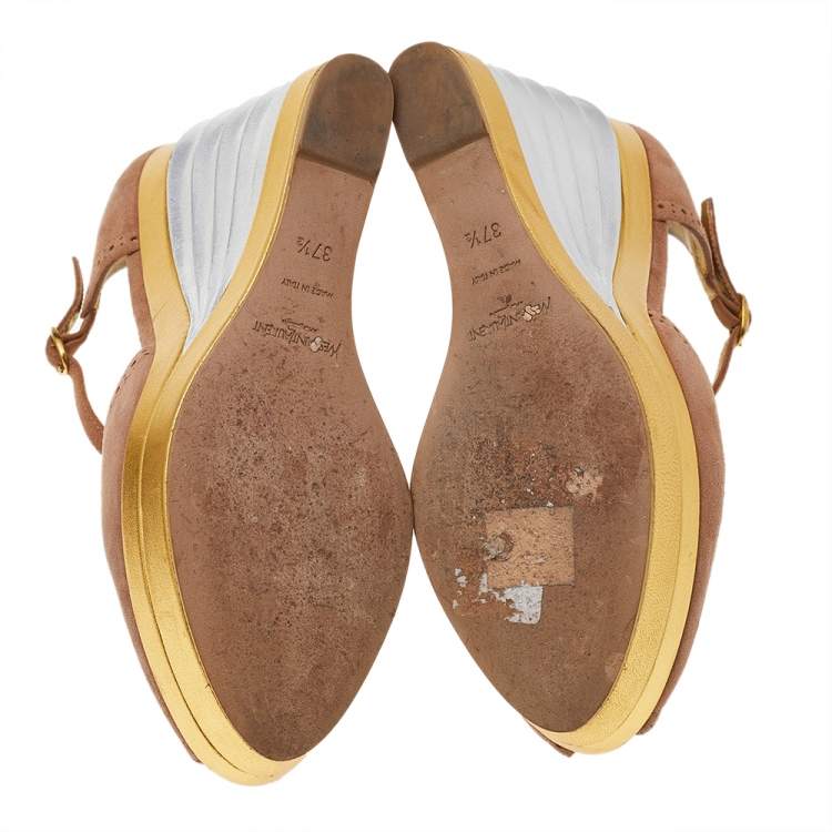 Pre Owned Yves Saint Laurent Beige Suede T-Strap Wedge Platform Sandals Size 37.5