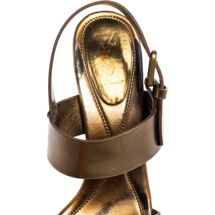 Pre Owned Yves Saint Laurent Metallic Gold Leather Strappy Platform Sandals Size 39