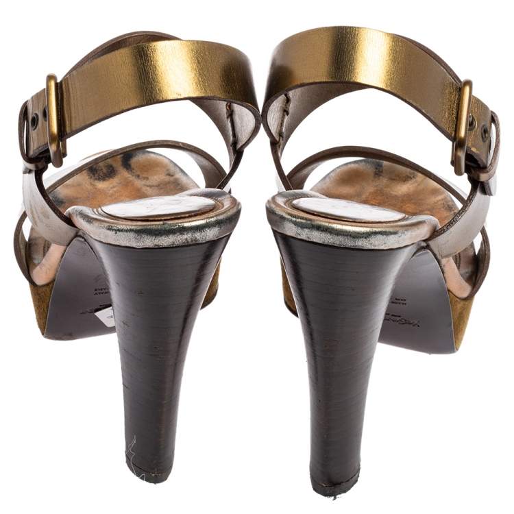 Pre Owned Yves Saint Laurent Metallic Gold Leather Strappy Platform Sandals Size 39