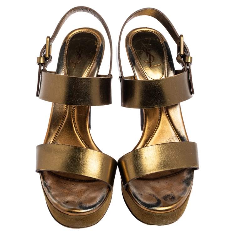 Pre Owned Yves Saint Laurent Metallic Gold Leather Strappy Platform Sandals Size 39