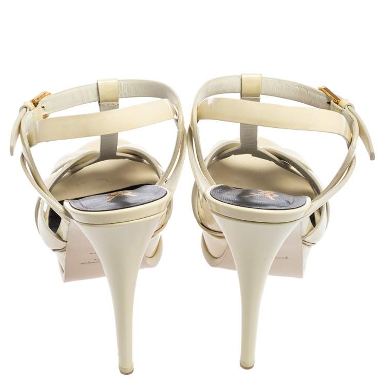 Pre Owned Yves Saint Laurent  Cream Patten Leather Tribute  Sandals Size 37.5