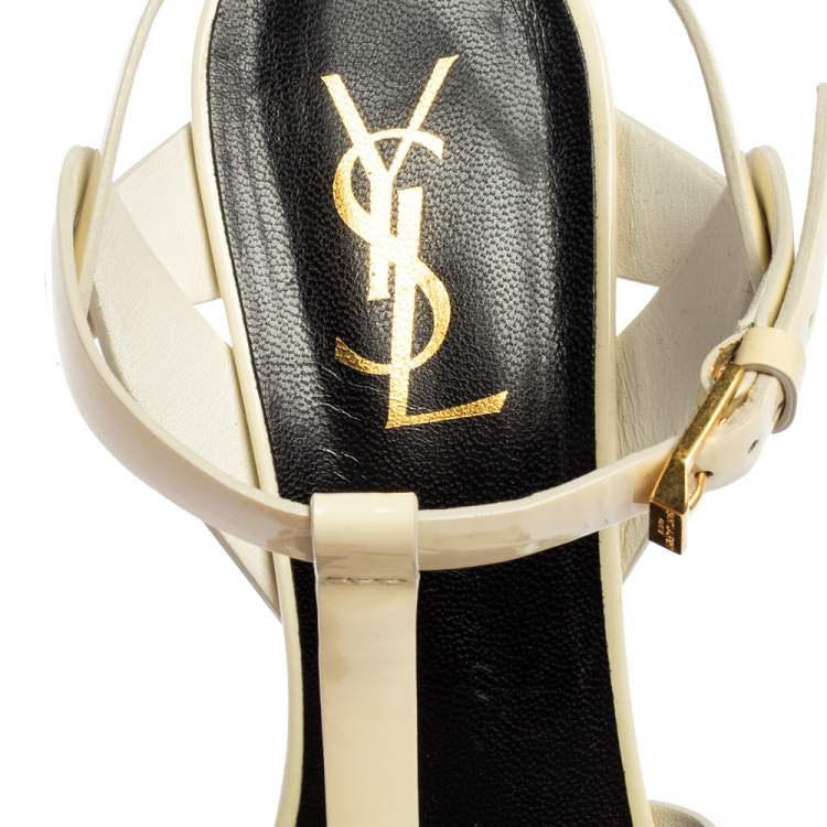 Pre Owned Yves Saint Laurent  Cream Patten Leather Tribute  Sandals Size 37.5