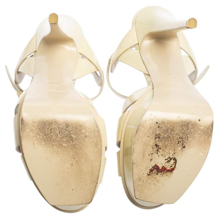 Pre Owned Yves Saint Laurent  Cream Patten Leather Tribute  Sandals Size 37.5