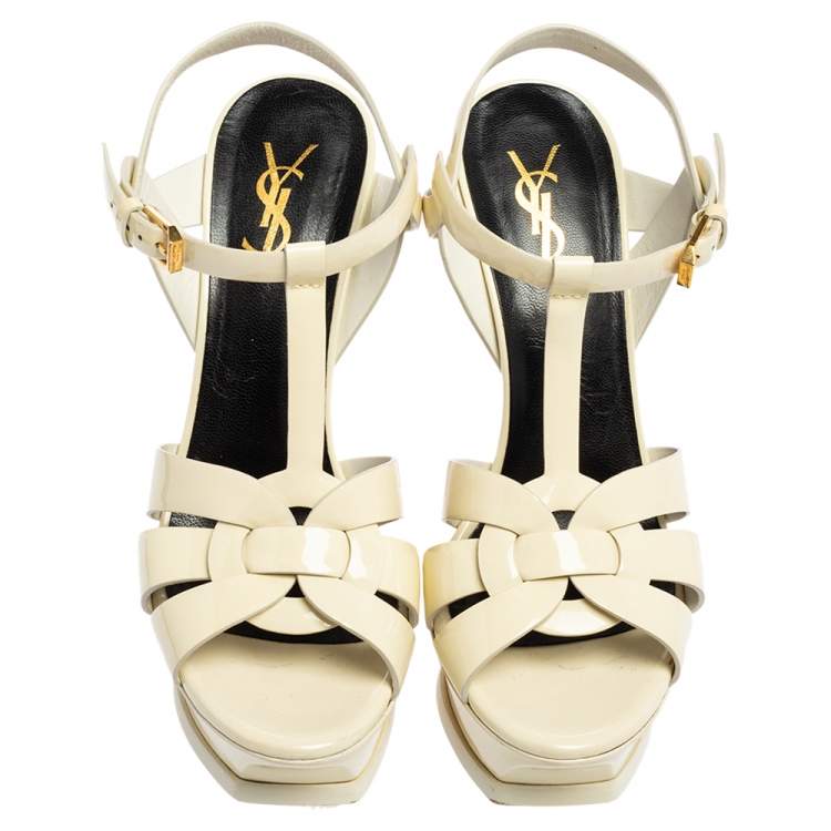 Pre Owned Yves Saint Laurent  Cream Patten Leather Tribute  Sandals Size 37.5