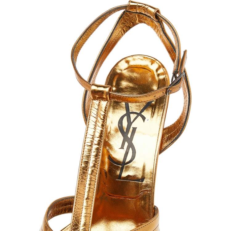 Pre Owned Yves Saint Laurent Vintage Gold Leather T Strap Sandals Size 39.5