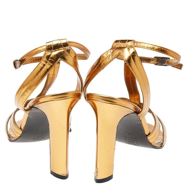 Pre Owned Yves Saint Laurent Vintage Gold Leather T Strap Sandals Size 39.5