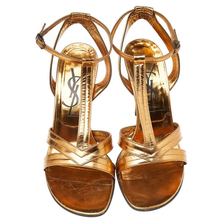 Pre Owned Yves Saint Laurent Vintage Gold Leather T Strap Sandals Size 39.5