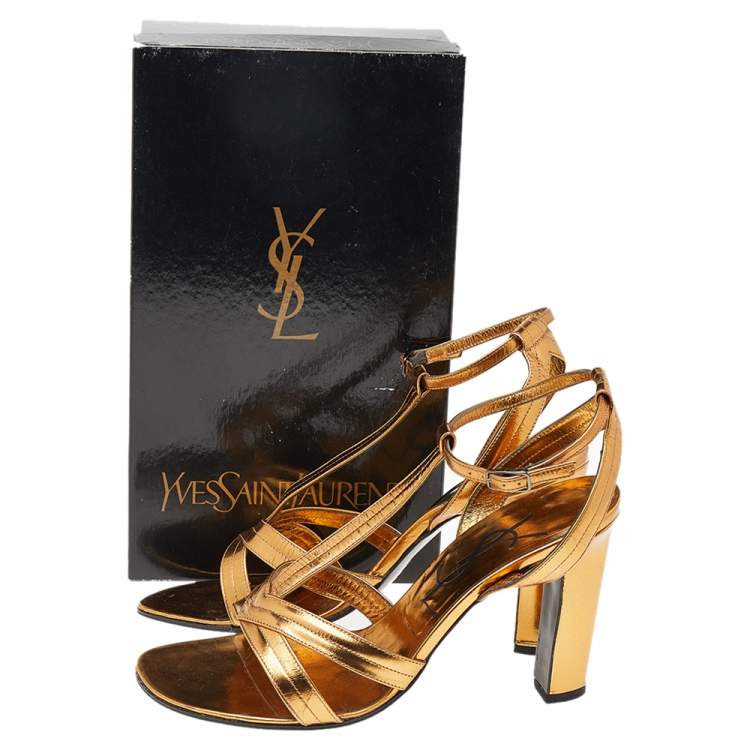 Pre Owned Yves Saint Laurent Vintage Gold Leather T Strap Sandals Size 39.5