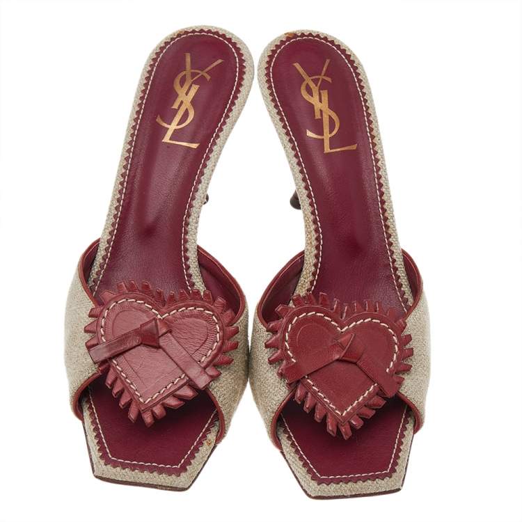 Pre Owned Yves Saint Laurent Canvas And Leather Heart Open Toe Sandals Size 38