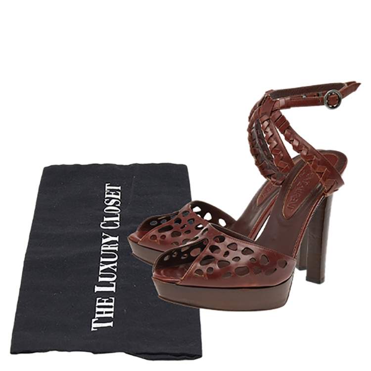 Pre Owned Saint Laurent Paris Brown Leather Cut Out Platform Ankle Strap Sandals Size 37.5