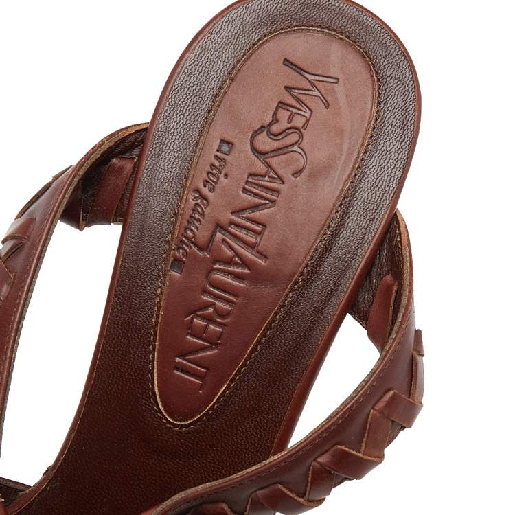 Pre Owned Saint Laurent Paris Brown Leather Cut Out Platform Ankle Strap Sandals Size 37.5