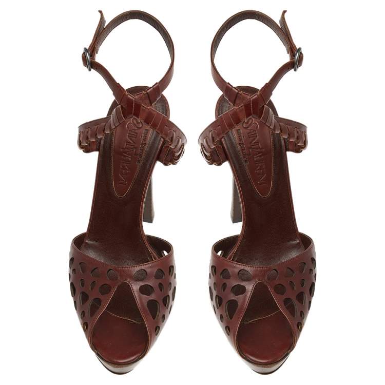 Pre Owned Saint Laurent Paris Brown Leather Cut Out Platform Ankle Strap Sandals Size 37.5