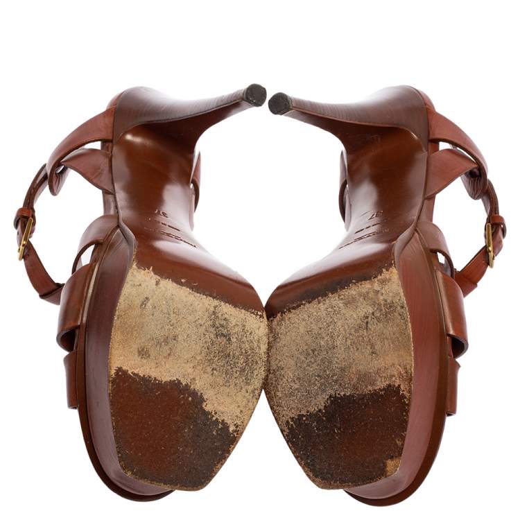 Pre Owned Yves Saint Laurent Brown Leather Tribute Platform Sandals Size 36.5