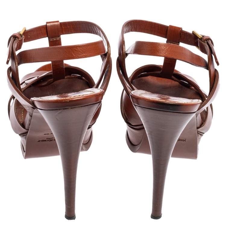 Pre Owned Yves Saint Laurent Brown Leather Tribute Platform Sandals Size 36.5