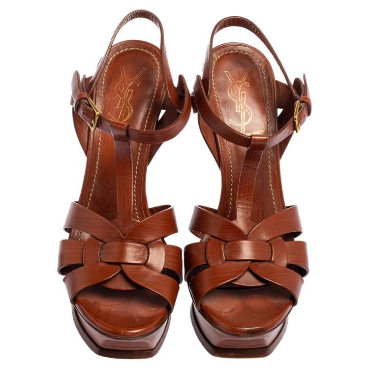 Pre Owned Yves Saint Laurent Brown Leather Tribute Platform Sandals Size 36.5