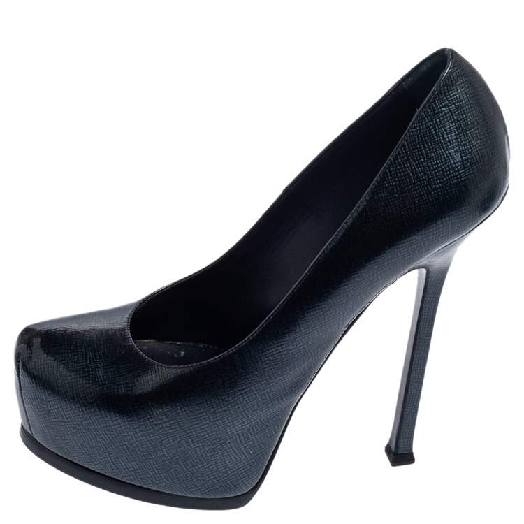 Pre Owned Yves Saint Laurent Dark Blue Textured Patent Leather Tribtoo Platform Pumps Size 38.5