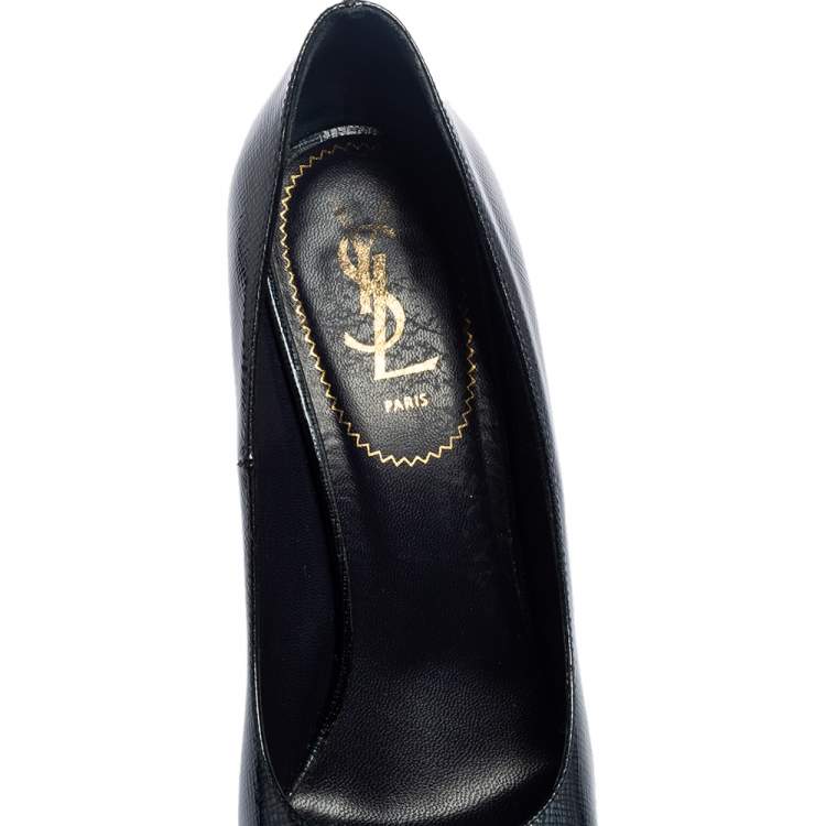 Pre Owned Yves Saint Laurent Dark Blue Textured Patent Leather Tribtoo Platform Pumps Size 38.5