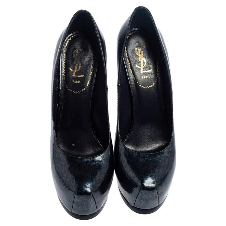 Pre Owned Yves Saint Laurent Dark Blue Textured Patent Leather Tribtoo Platform Pumps Size 38.5