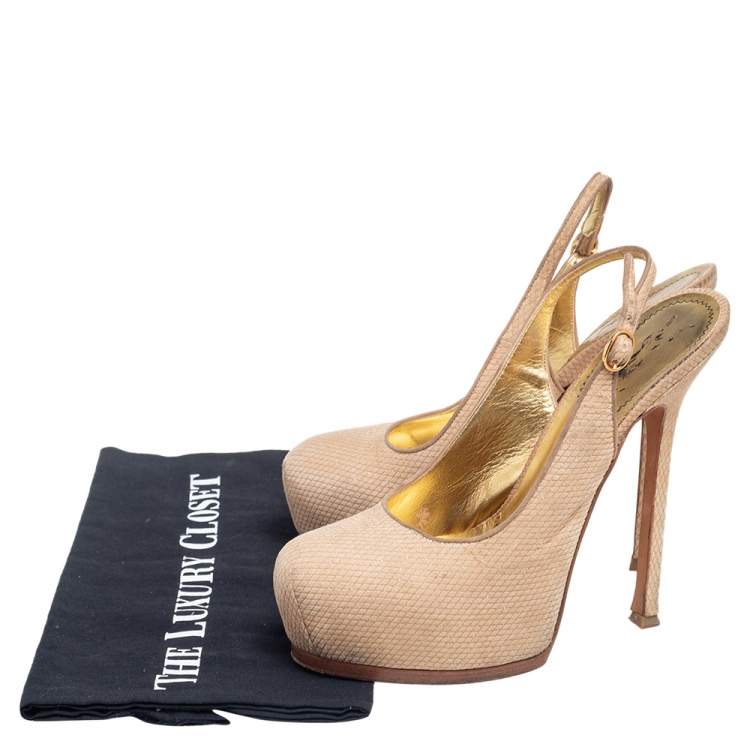 Pre Owned Yves Saint Laurent Cream Snakeskin Embossed Suede Tribtoo Slingback Pumps Size 39