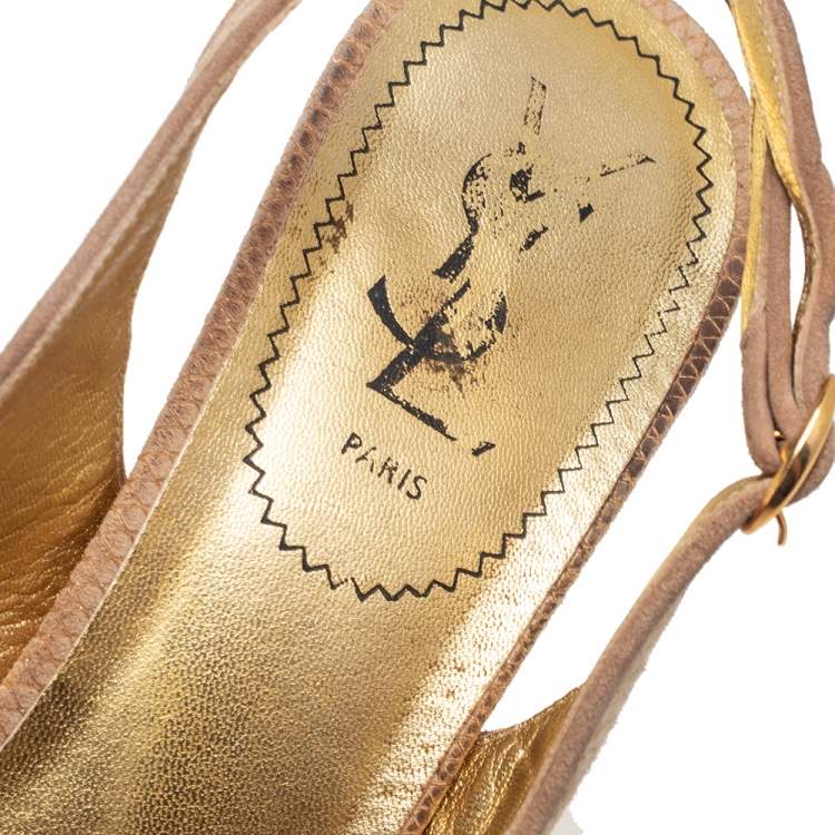 Pre Owned Yves Saint Laurent Cream Snakeskin Embossed Suede Tribtoo Slingback Pumps Size 39