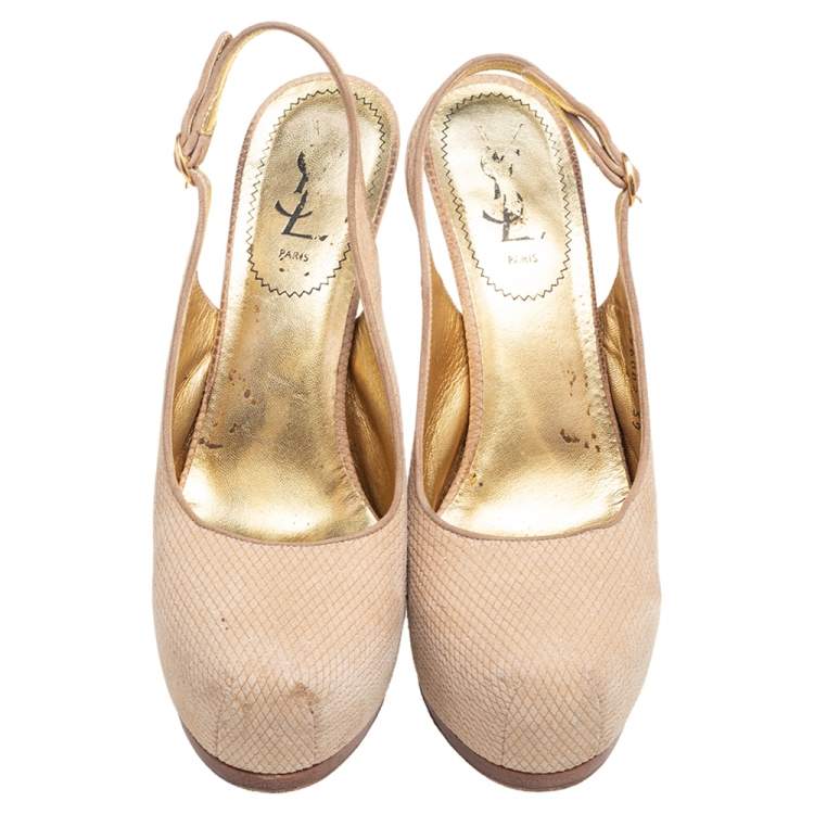 Pre Owned Yves Saint Laurent Cream Snakeskin Embossed Suede Tribtoo Slingback Pumps Size 39