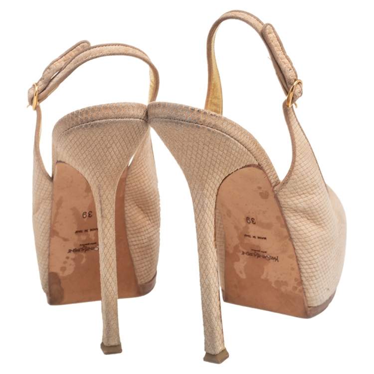 Pre Owned Yves Saint Laurent Cream Snakeskin Embossed Suede Tribtoo Slingback Pumps Size 39