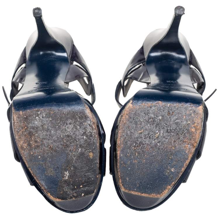 Pre Owned Yves Saint Laurent Navy Blue Textured Patent Leather Tribute Platform Sandals Size 39.5
