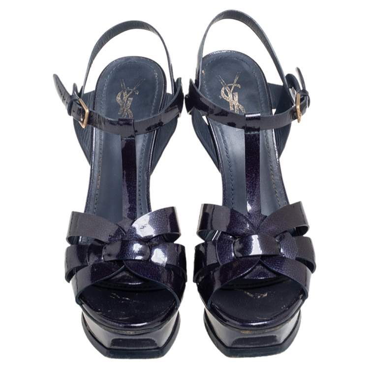 Pre Owned Yves Saint Laurent Navy Blue Textured Patent Leather Tribute Platform Sandals Size 39.5