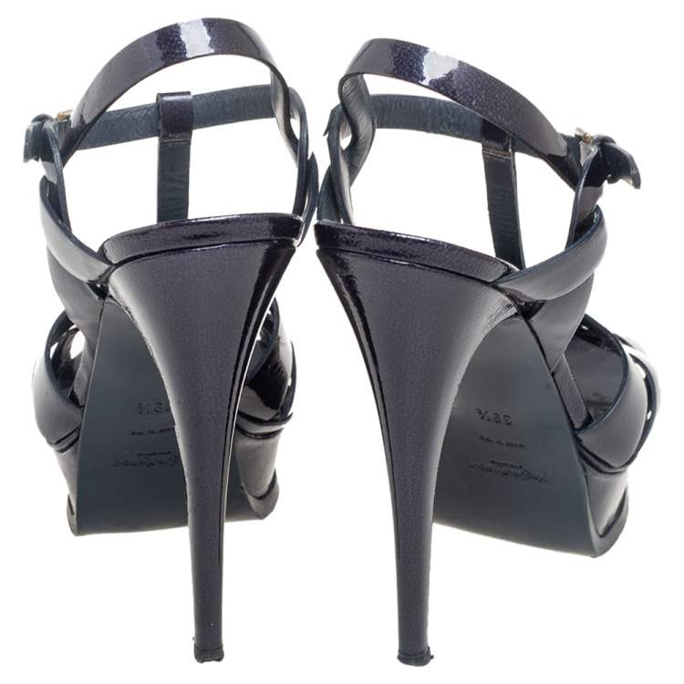 Pre Owned Yves Saint Laurent Navy Blue Textured Patent Leather Tribute Platform Sandals Size 39.5