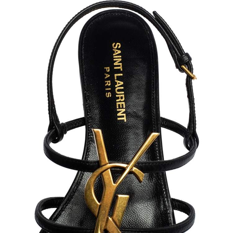 Pre Owned Yves Saint Laurent Cassandra Black Leather  Logo Slingback Sandals Size 37