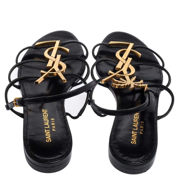 Pre Owned Yves Saint Laurent Cassandra Black Leather  Logo Slingback Sandals Size 37