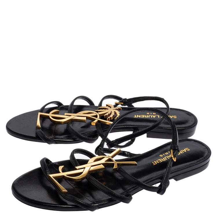 Pre Owned Yves Saint Laurent Cassandra Black Leather  Logo Slingback Sandals Size 37
