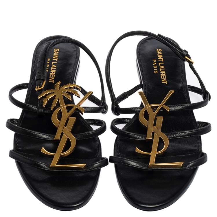 Pre Owned Yves Saint Laurent Cassandra Black Leather  Logo Slingback Sandals Size 37