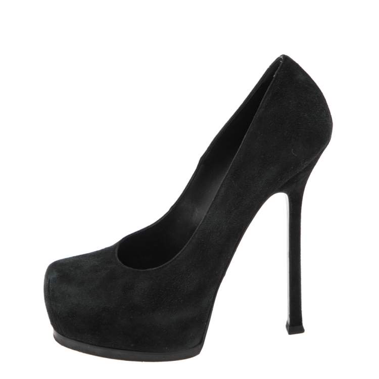 Pre Owned Saint Laurent Paris Black Leather Tribtoo Platform Pumps Size 37.5
